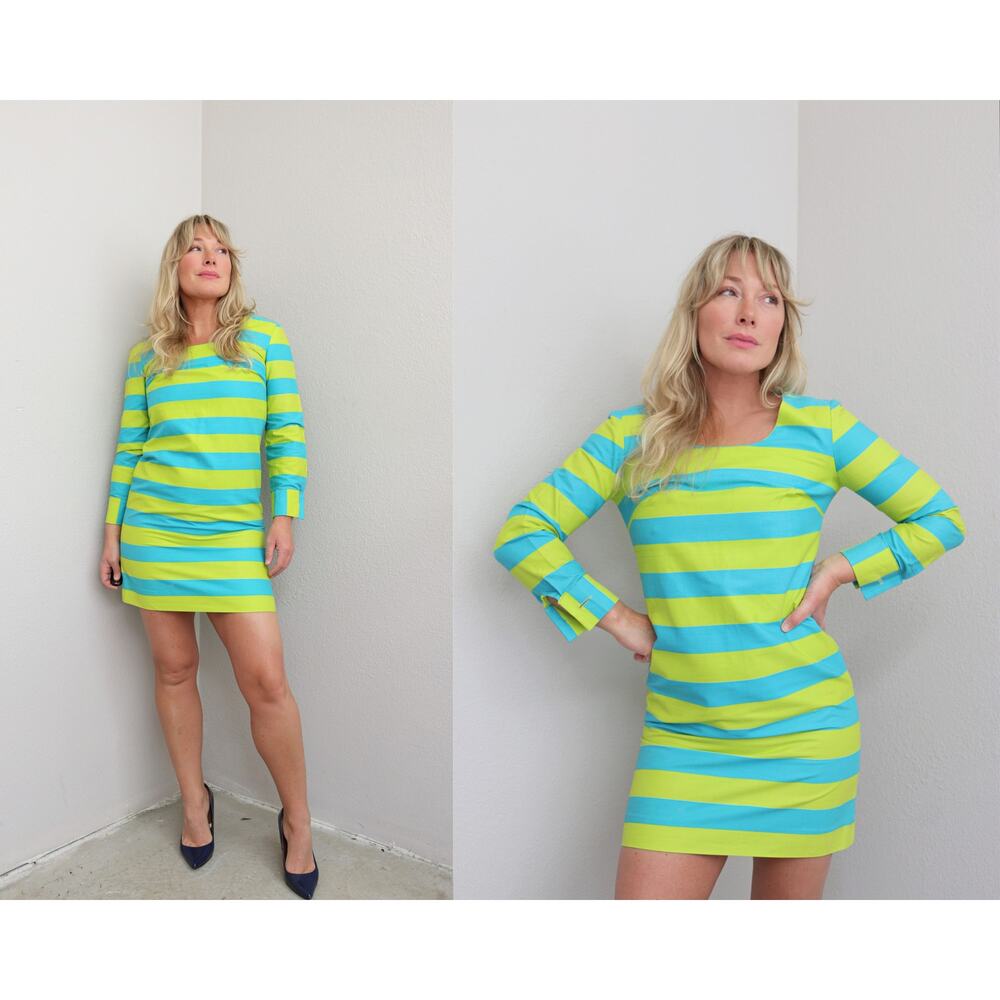 1960's Vintage Vibrant Key Lime & Aqua Striped Mini Dress ~ Women's XXS to XS
